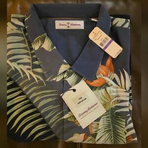 Tommy Bahama Men's Leaf Print Shirt - Blue and Green. XXL 100% Silk